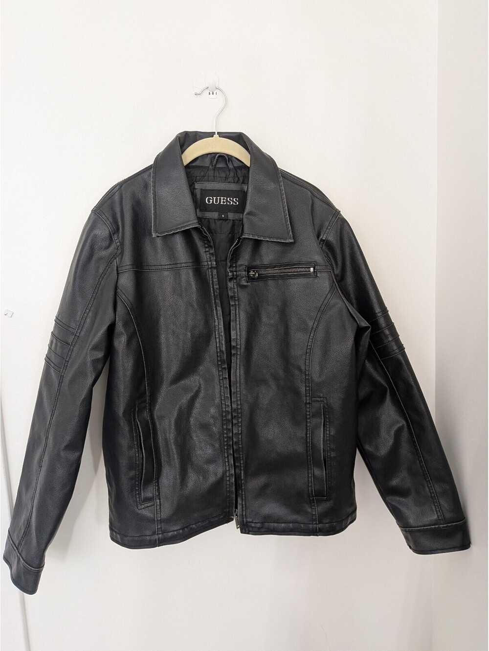 Men's Guess Black Faux Leather Bomber Cafe Biker Jacket Coat Small Lined FullZip